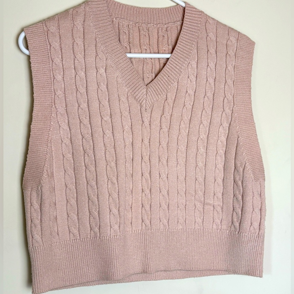 Cable Knit Sleeveless Sweater Vest - khaki Pink